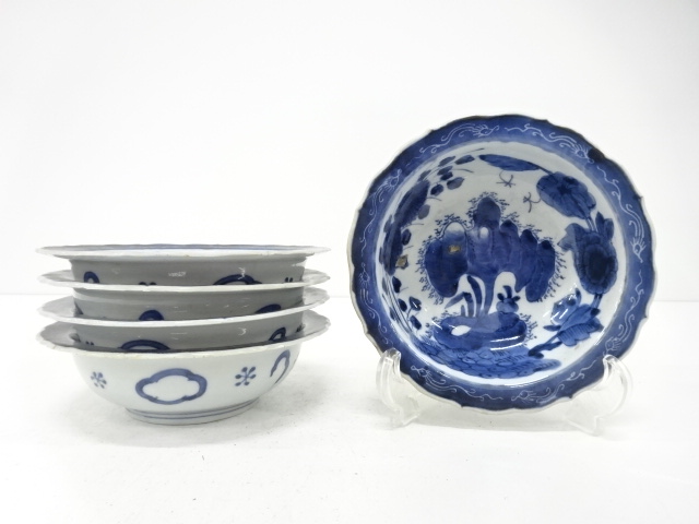 古伊万里　染付　岩に牡丹　なます皿　5客揃